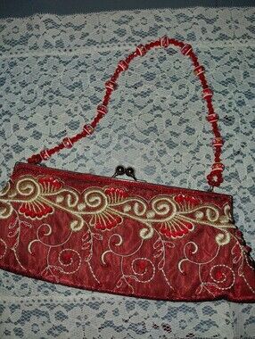 Vintage Beaded Embroidered Pochette Kiss Lock Clutch Mini Purse Beaded Strap